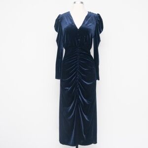 YUMI KIM. New! Puff Sleeve Blue Velvet Midi Dress.‎